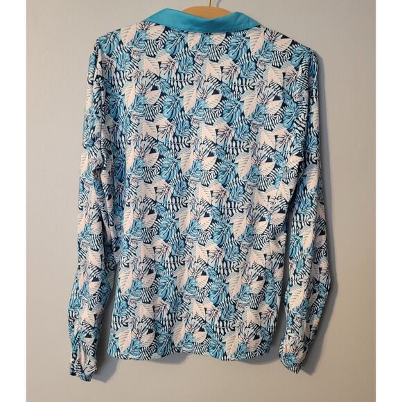 Kyodan Long Sleeve Golf Polo Top Blue Multi UPF 50+ Tropical Print Large - Picture 3 of 8